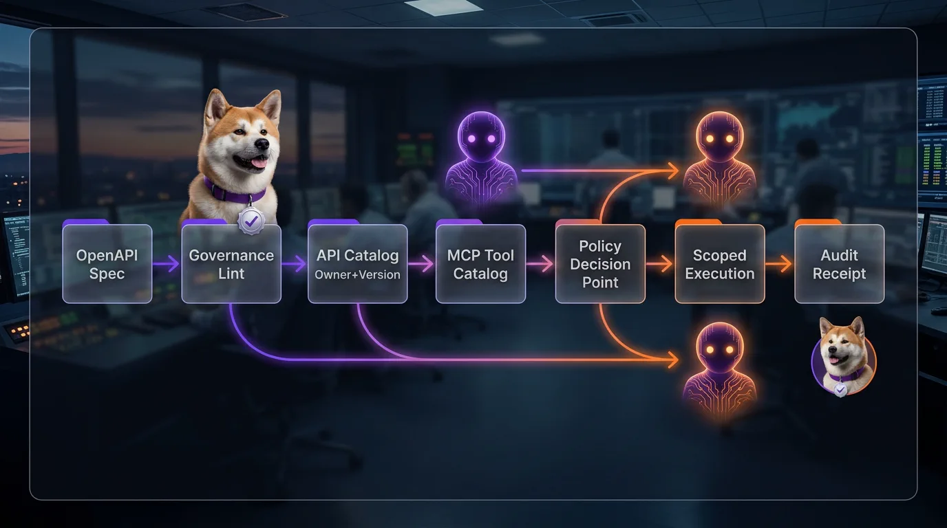 Governance pipeline from spec to auditable tool call Flow from agent-authored OpenAPI to MCP tools, runtime PDP checks, and audit receipts