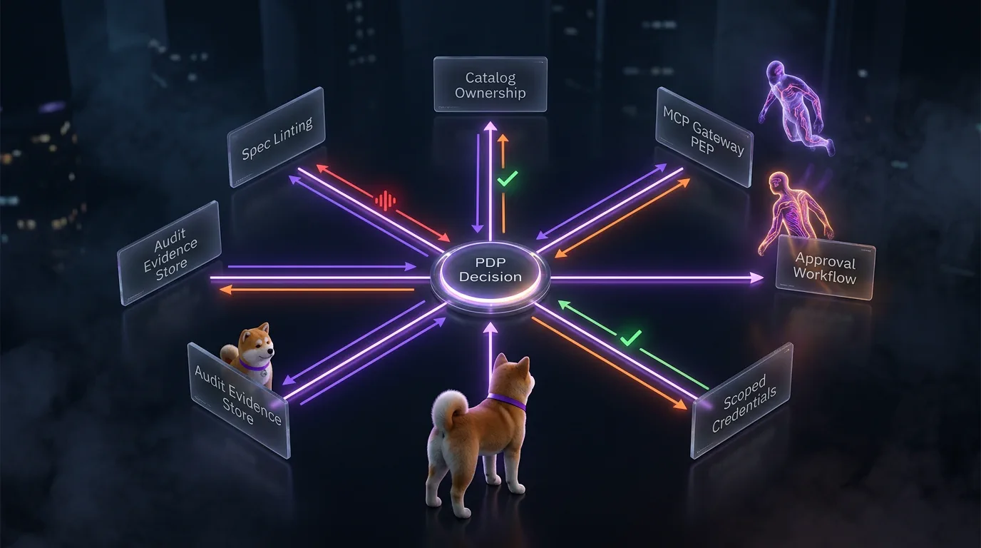 Reference architecture for governed agent-callable APIs Hub-and-spoke reference architecture with MCP gateway PEP, central PDP, approvals, scoped credentials, and audit evidence