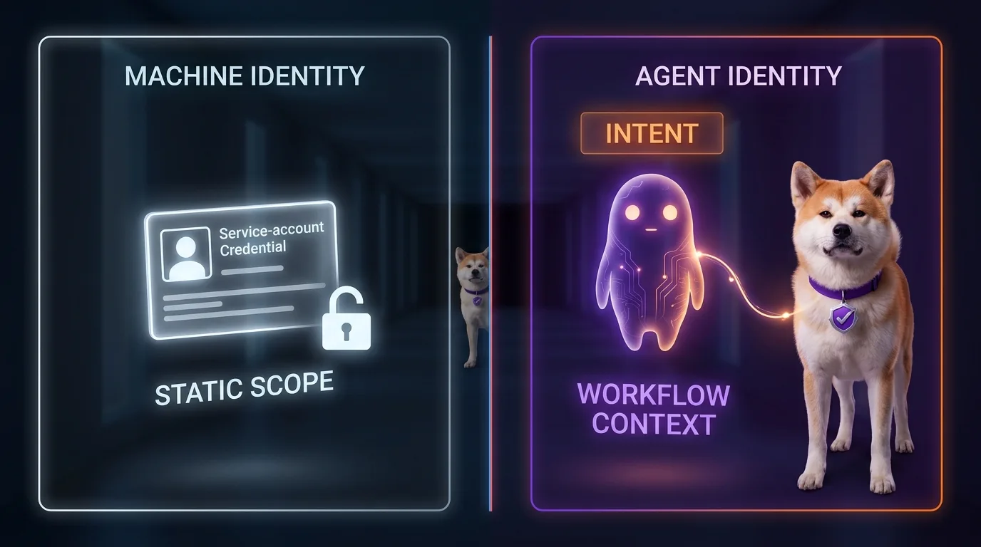 Machine Identity (service account credential, static scope, no human anchor) on the left vs Agent Identity (spirit tethered to the Akita Inu delegator, with INTENT and WORKFLOW CONTEXT labels) on the right — a split comparison board