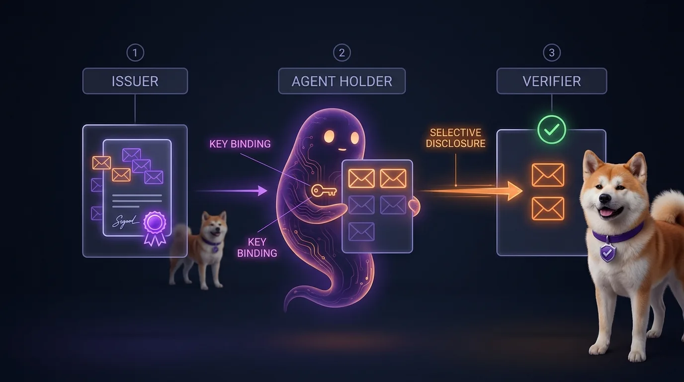 SD-JWT flow: the spirit agent at center holds a credential card with sealed (purple) and disclosed (orange) claim envelopes; only two envelopes travel via SELECTIVE DISCLOSURE arrow to the VERIFIER; a KEY BINDING icon links the agent's key to the card; the Akita Inu mascot stands at the verifier node