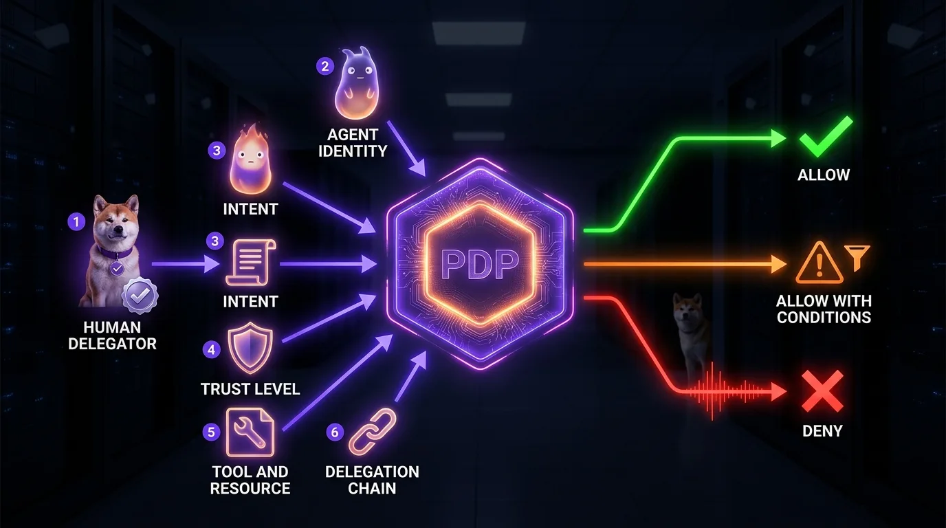 Hub-and-spoke PDP diagram: six input nodes (HUMAN DELEGATOR as Akita Inu, AGENT IDENTITY as spirit, INTENT, TRUST LEVEL, TOOL AND RESOURCE, DELEGATION CHAIN) feed the central hexagonal PDP node via purple arrows; three output paths emerge — green ALLOW, orange ALLOW WITH CONDITIONS, red DENY