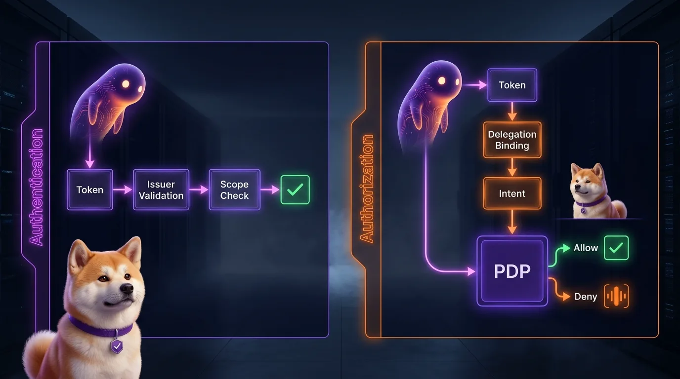 Authentication verifies identity; authorization decides whether the action is permissible given the current context Authentication vs Authorization: two control stages — left panel shows token validation flow to a green checkmark, right panel adds delegation, intent, and PDP to reach an allow/deny decision