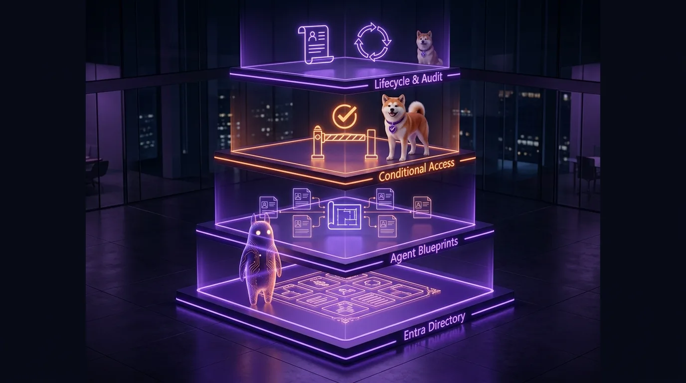 Entra Agent ID structures agent governance in layers: directory registration at the base, blueprint-based class governance, Conditional Access policy enforcement, and lifecycle plus audit at the top Microsoft Entra Agent ID governance stack: four isometric layers from bottom to top — Entra Directory foundation, Agent Blueprints, Conditional Access with the Akita Inu mascot as policy guardian, and Lifecycle & Audit at the top