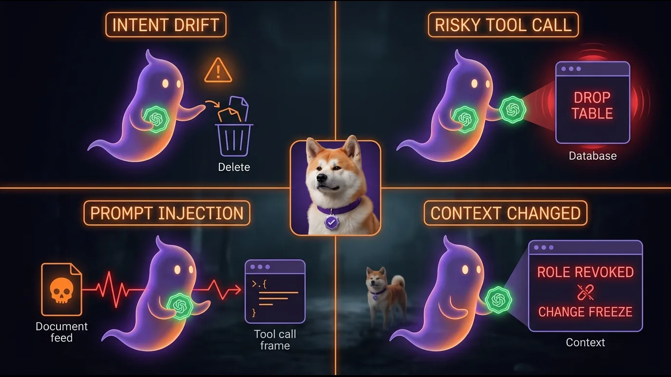 The four failure modes that scoped tokens cannot prevent Four-quadrant grid showing the gaps scoped tokens cannot close: intent drift (agent deletes files within scope), risky tool call (drop table authorized by inertia), prompt injection (hostile input producing valid-looking calls), and context changed mid-session (role revoked but token still live)