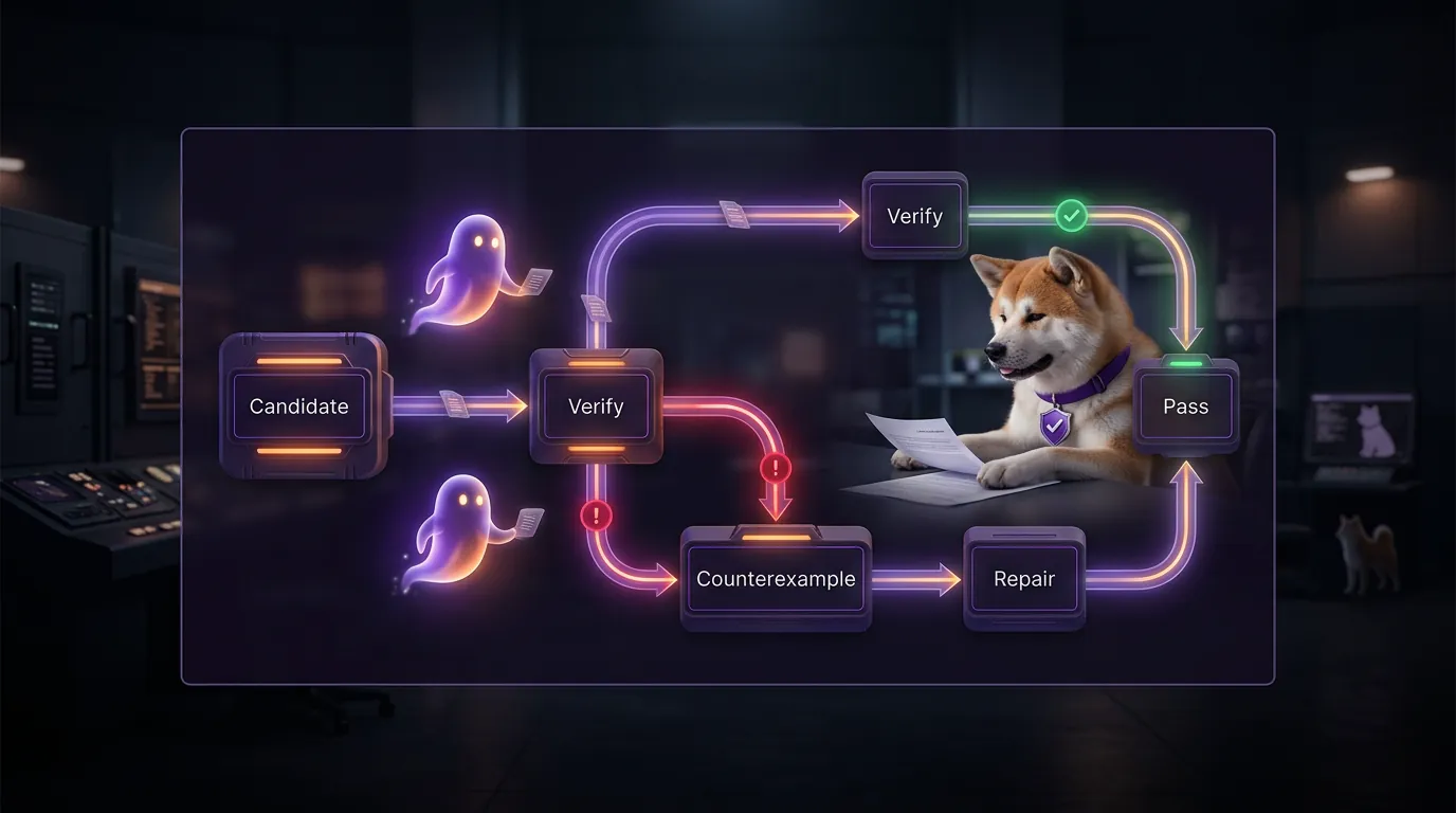 Verifier-guided policy synthesis loop Flow diagram of verifier-guided synthesis loop with candidate policy, counterexamples, repair iterations, and verified output