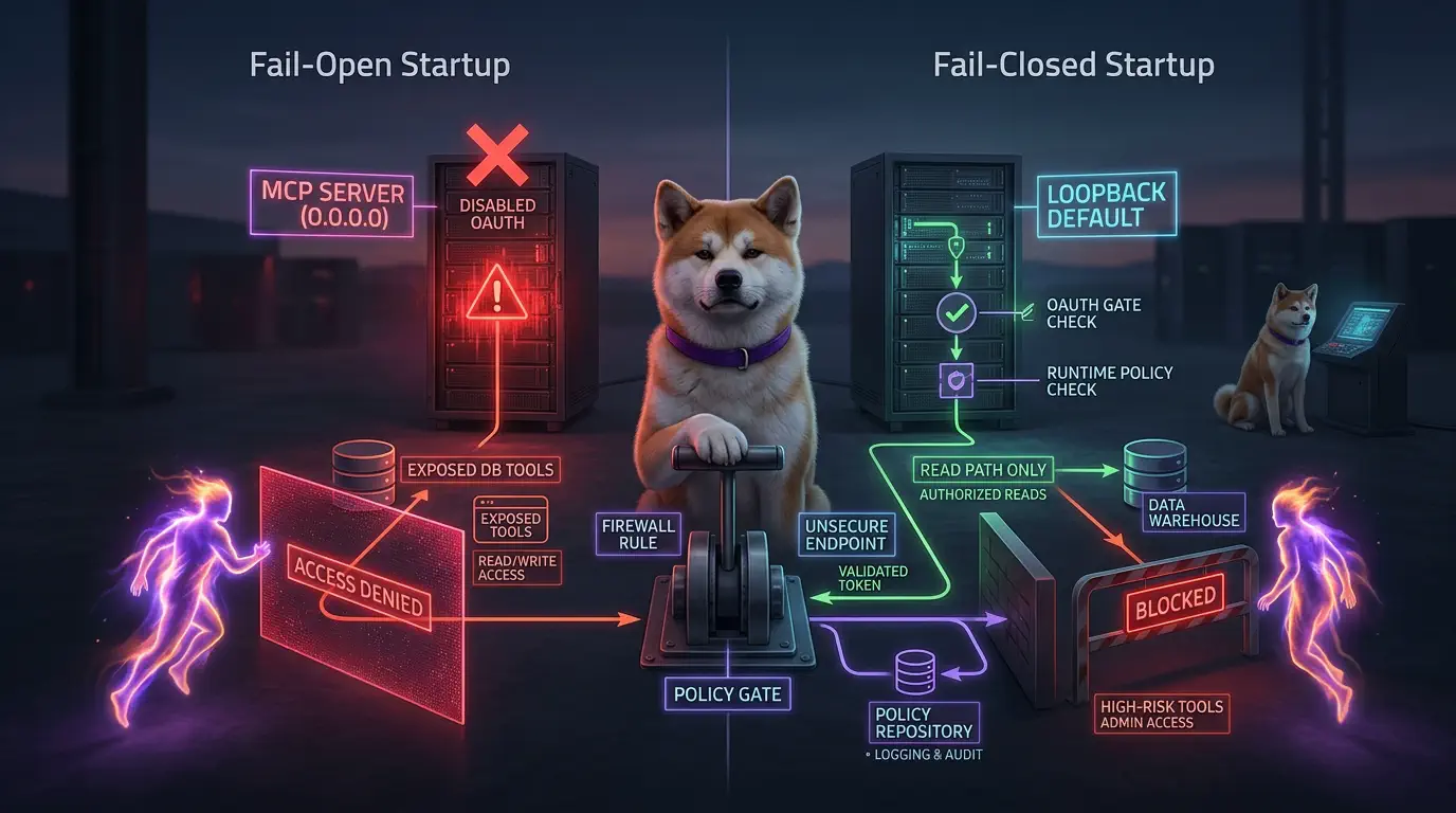 Fail-open vs fail-closed startup behavior for MCP servers Split comparison board showing fail-open MCP startup on the left and fail-closed startup on the right, with an Akita mascot controlling a policy gate between both states