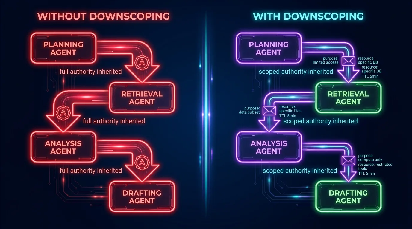 Downscoping: authority should shrink as delegation moves down the chain Downscoping in multi-agent chains: left panel shows full authority inherited at every hop (bad), right panel shows progressively narrowed envelopes with purpose, resource constraints at each delegation step (good)