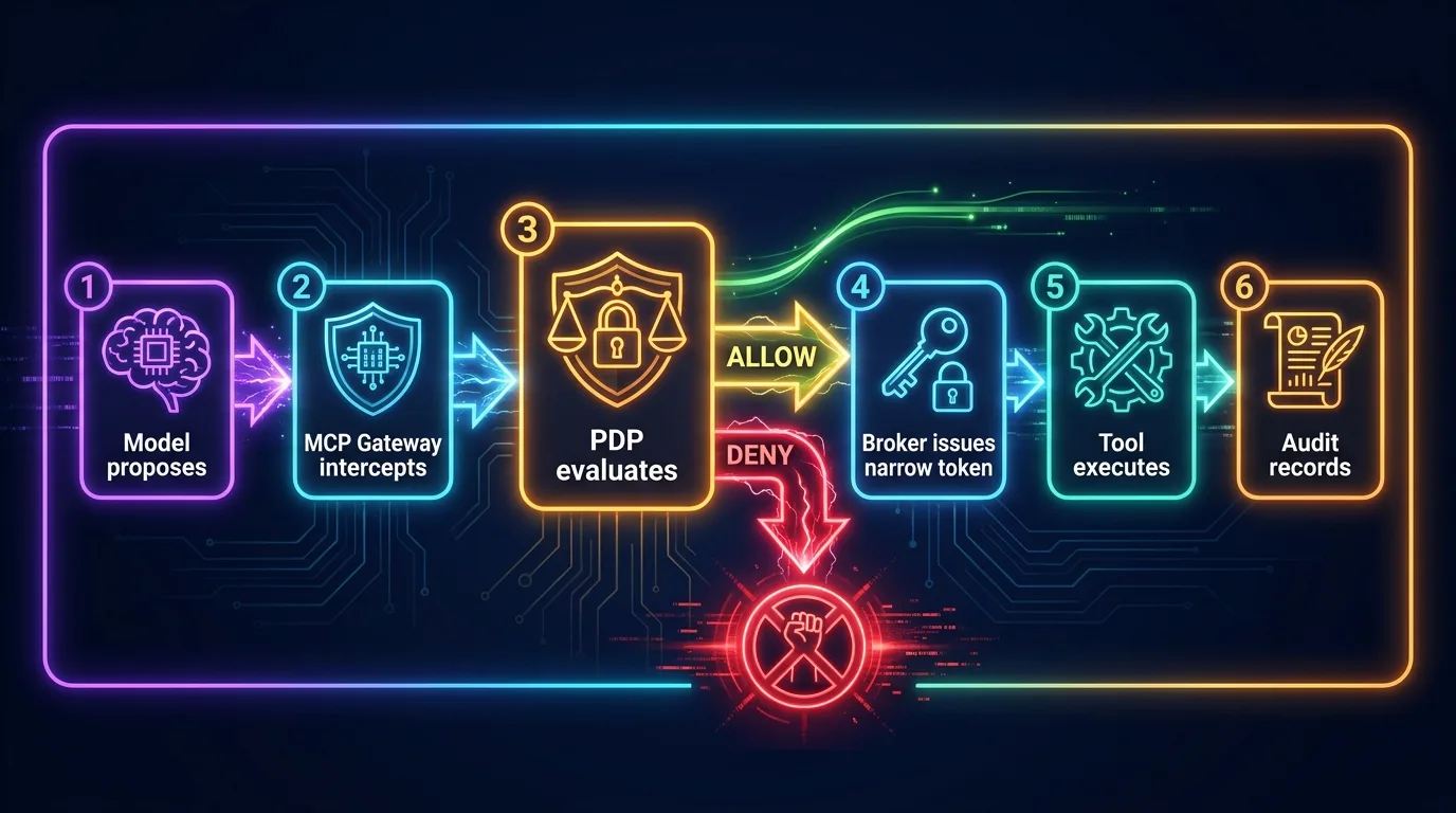 The Permit enforcement loop — agents hold identity tokens, the gateway holds real credentials The Permit enforcement loop: agent identity token → MCP Gateway intercepts → PDP evaluates inside customer VPC (ALLOW/DENY) → gateway uses vaulted credential to call end service → audit trail records
