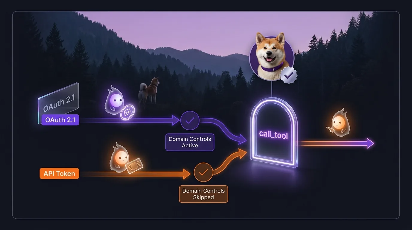 Authentication and API token flows entering an authorization gateway — OAuth path on the left with domain-controlled scopes, API token path on the right marked non-interactive, both converging at a call_tool decision point