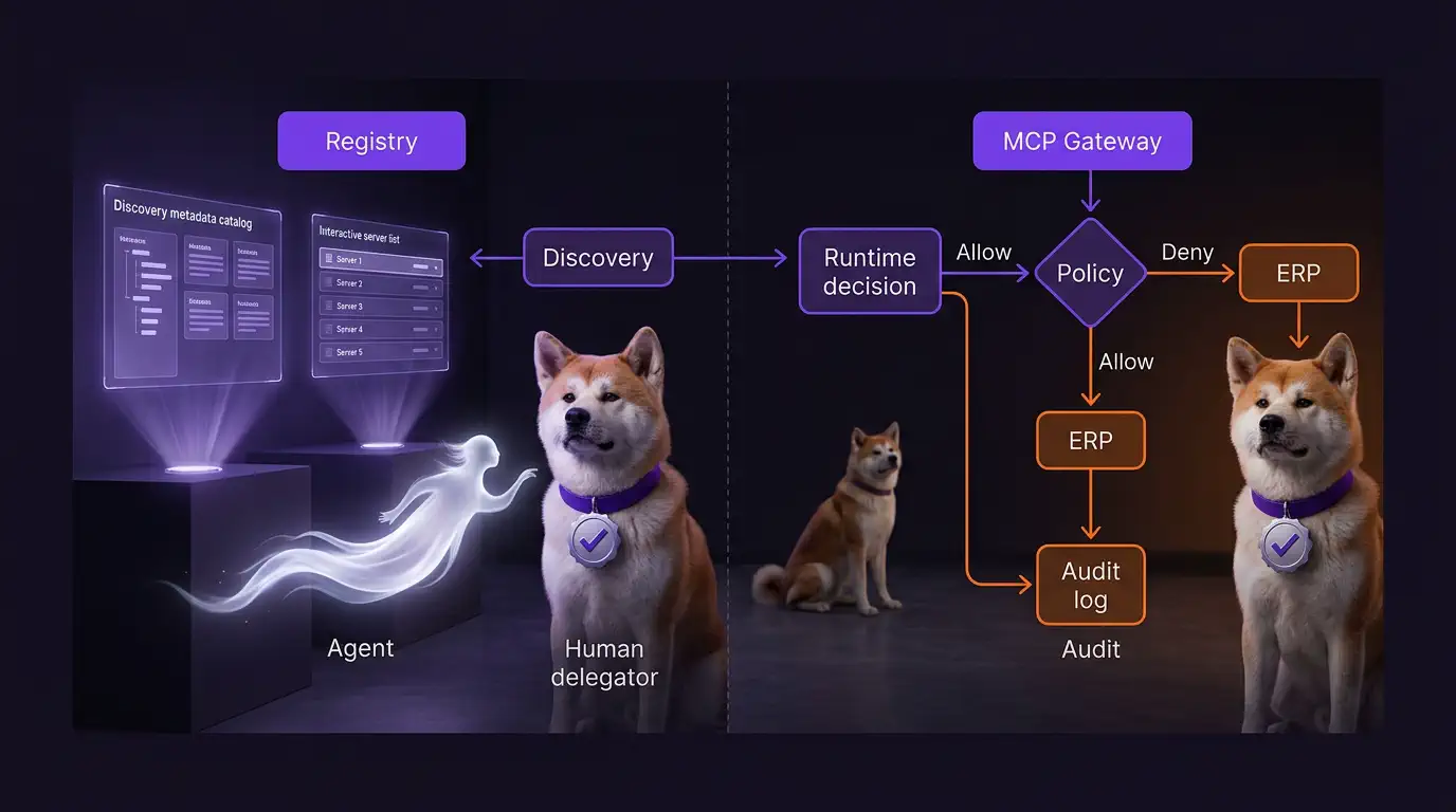 Discovery tells you what exists; runtime authorization decides what can execute now Split view of MCP registry discovery versus MCP gateway runtime authorization and audit enforcement
