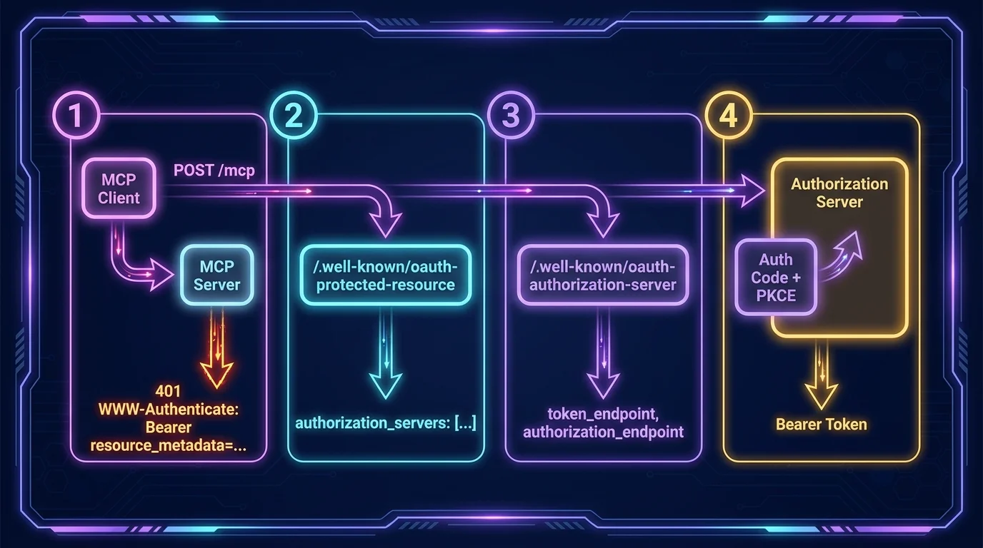 The MCP OAuth discovery chain starts at the resource server, not the authorization server The four-step OAuth discovery chain for MCP: 401 challenge, protected resource metadata, authorization server metadata, then PKCE auth code flow