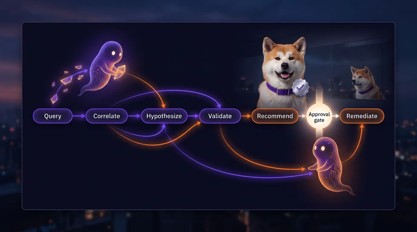 Ops-agent lifecycle with a remediation approval gate A left-to-right incident workflow panel showing Query, Correlate, Hypothesize, Validate, Recommend, and a gated Remediate stage with the Akita delegator and spirit agents paused at approval