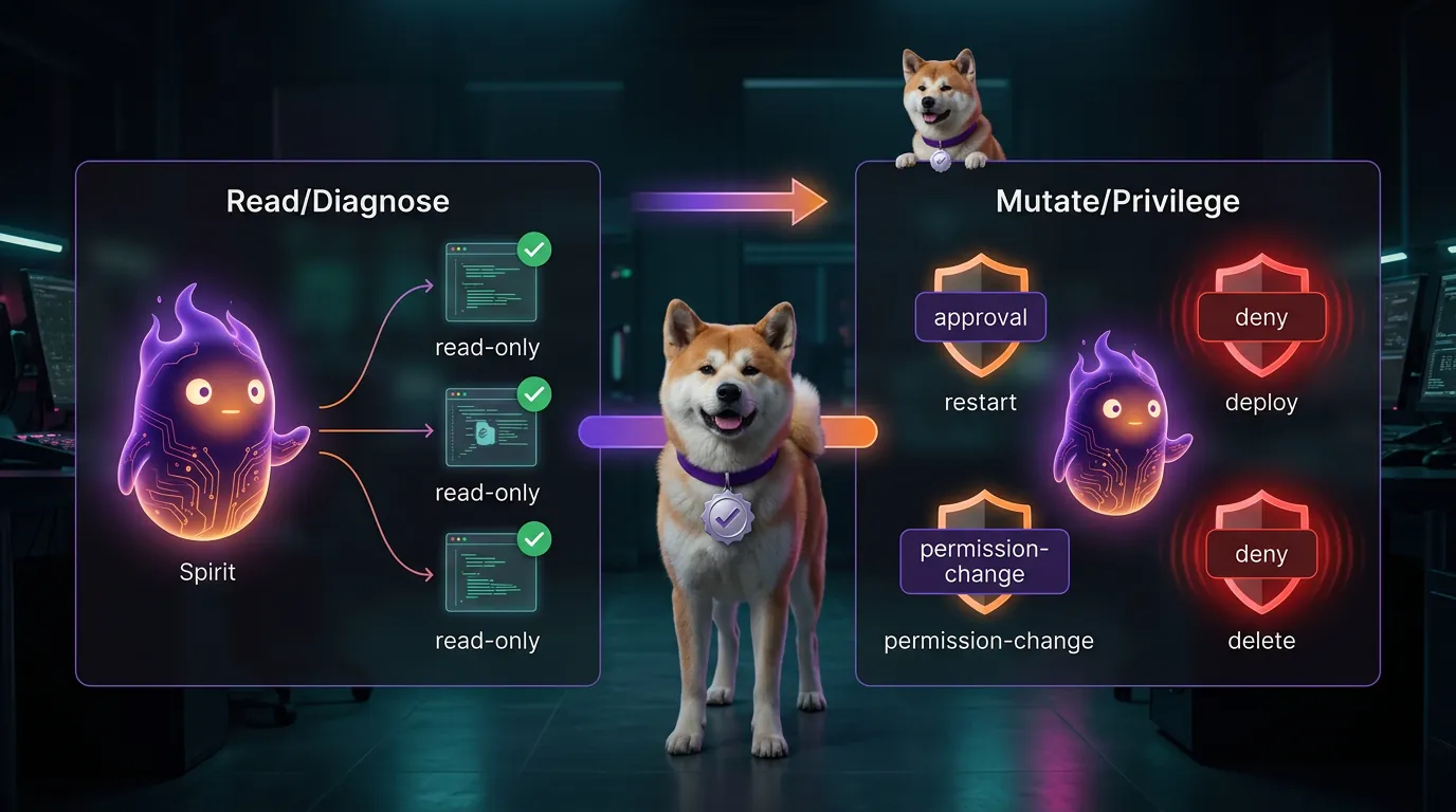 Tool trust levels from read-only diagnostics to high-risk mutations A split trust-level board contrasting read and diagnose actions on one side with mutate and privilege actions behind approval and deny controls on the other, with the Akita delegator in the center