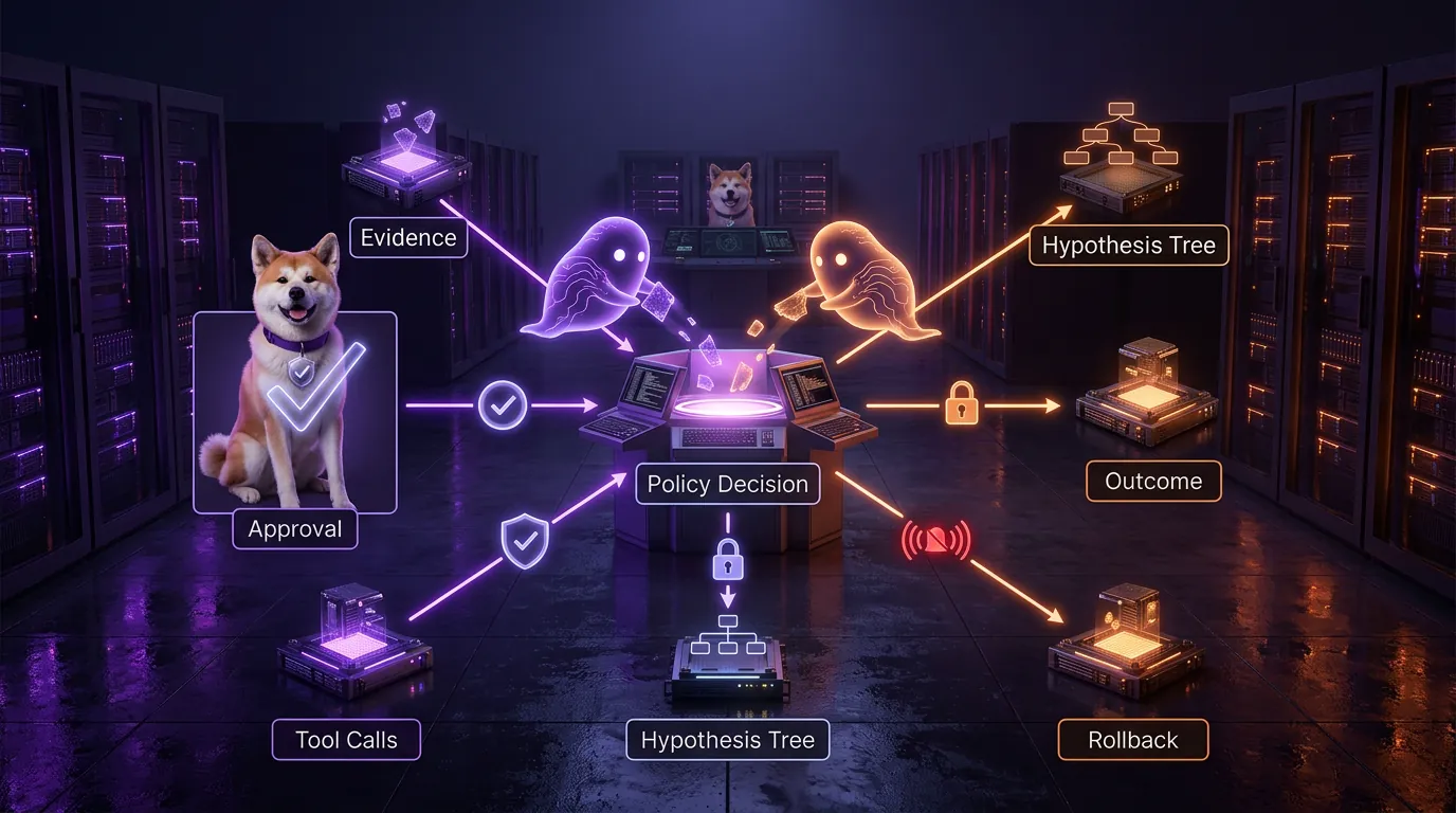 Forensic audit chain for AI ops tool-call decisions A central policy decision hub connected to Evidence, Tool Calls, Hypothesis Tree, Approval, Outcome, and Rollback nodes with neon allow, step-up, and deny states