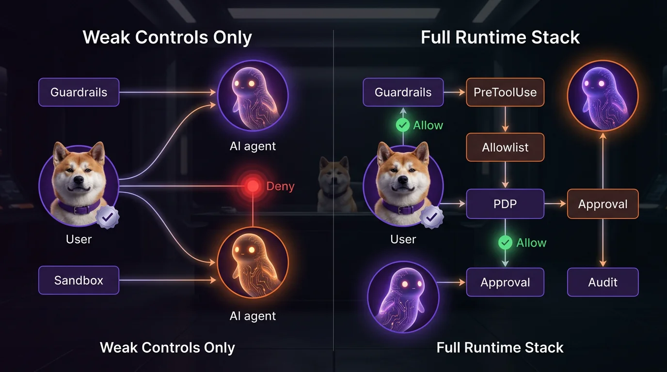 How defense layers combine at runtime Control stack comparison for guardrails, hooks, allowlists, approvals, and centralized policy