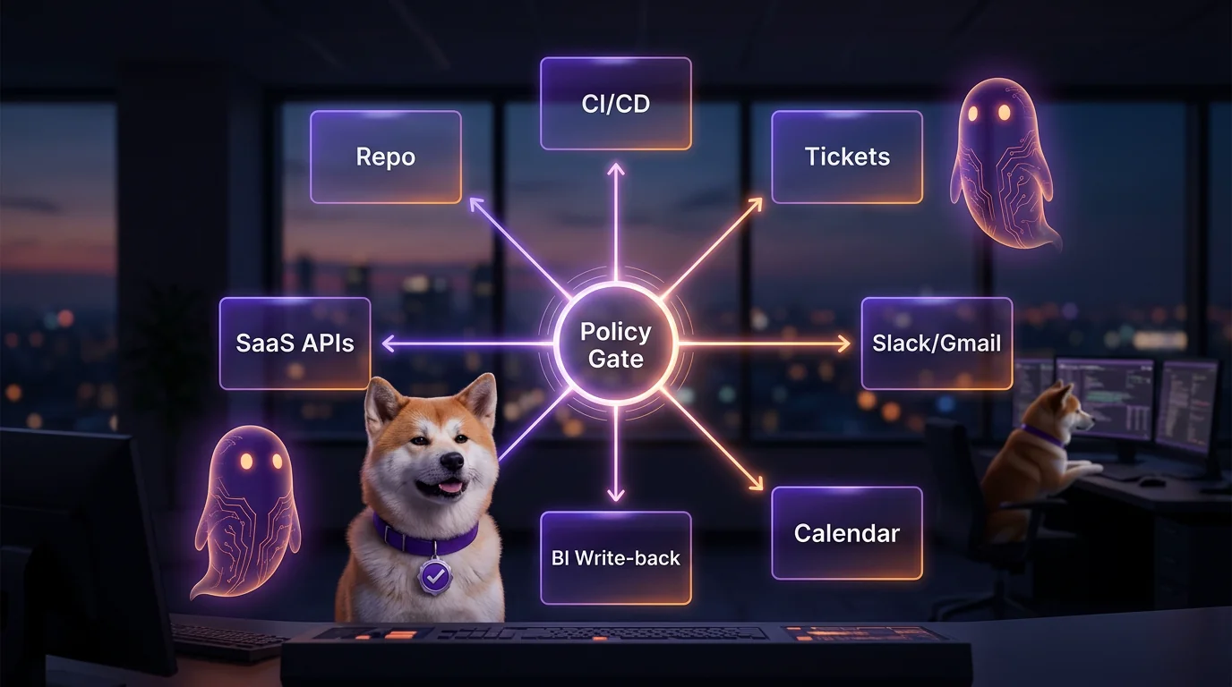 Agent surface map: one policy boundary across many tools A hub-and-spoke security diagram that maps the systems coding agents touch across repos, CI/CD, tickets, chat, calendar, BI write-back, and SaaS APIs