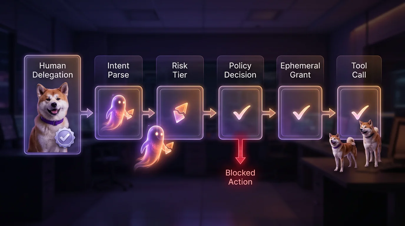 JIT flow: allow the exact action for the exact task A left-to-right just-in-time authorization flow showing delegation, intent parsing, risk tiering, policy decisions, ephemeral grants, and guarded tool execution