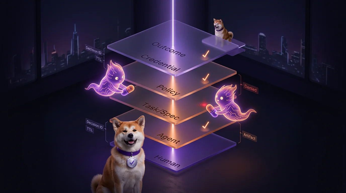 Audit chain: identity, policy, credential, and outcome linked end-to-end An isometric layered audit stack connecting human, agent, task spec, policy decision, credential TTL, and execution outcome in one trace